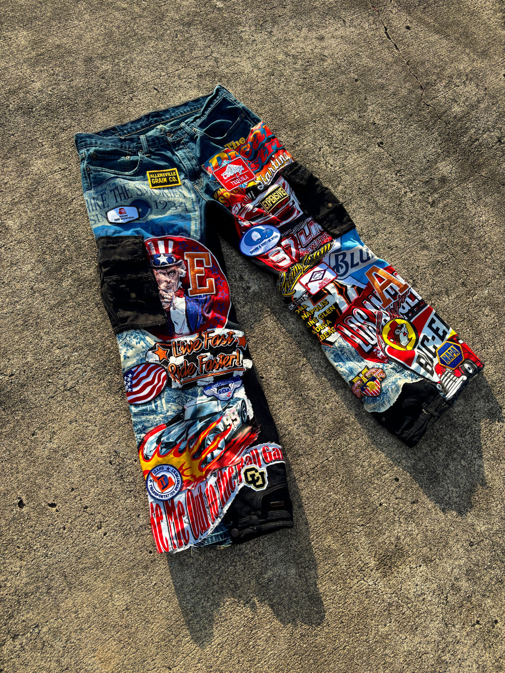 1/1 Live Fast Full Throttle Denim Patchwork jeans
