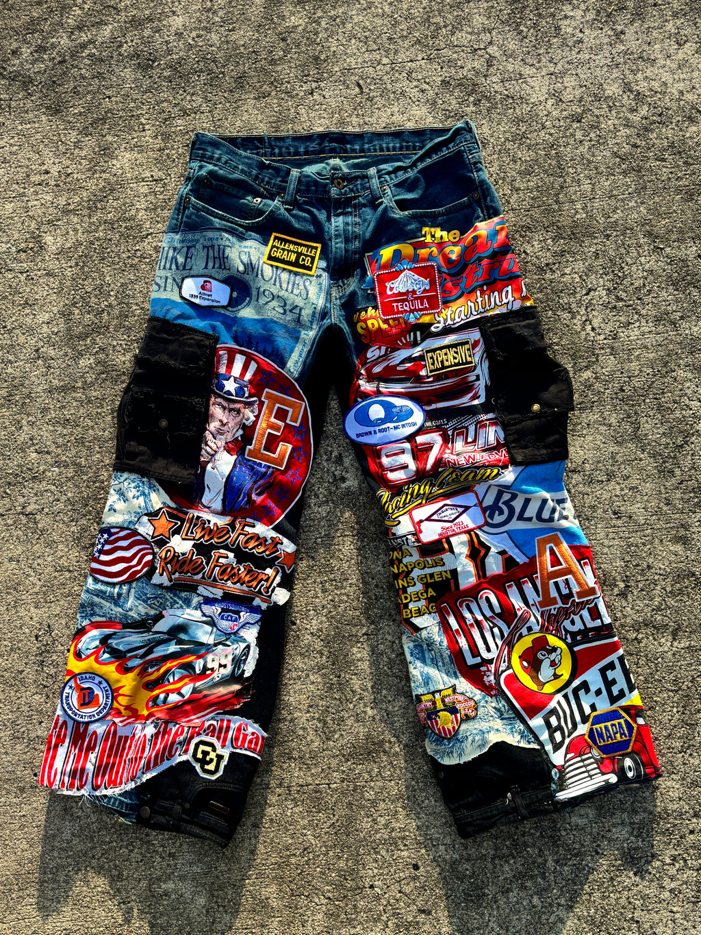 1/1 Live Fast Full Throttle Denim Patchwork jeans