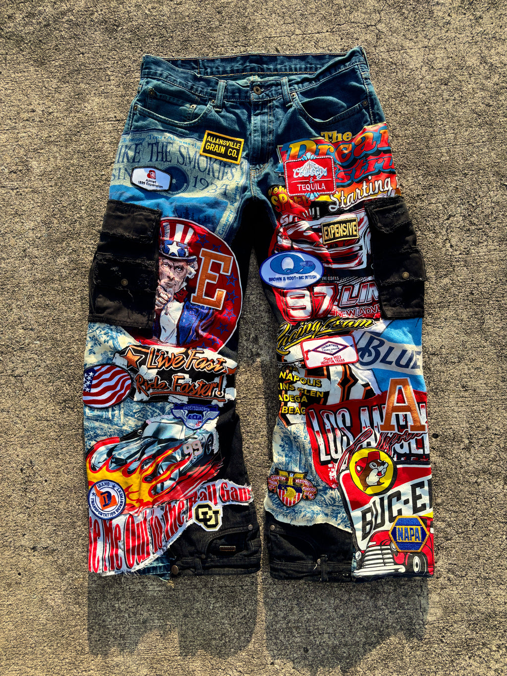1/1 Live Fast Full Throttle Denim Patchwork jeans
