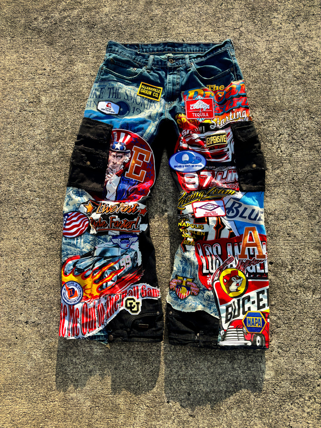 1/1 Live Fast Full Throttle Denim Patchwork jeans